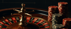 A close-up shot of a roulette wheel with red and black chips, featuring graphs