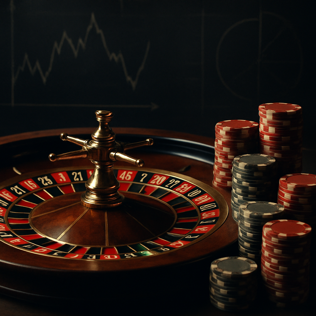 A close-up shot of a roulette wheel with red and black chips, featuring graphs