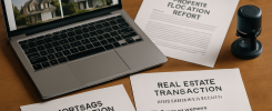 A desktop arrangement showcasing essential documents and tools for real estate exchange and mortgage