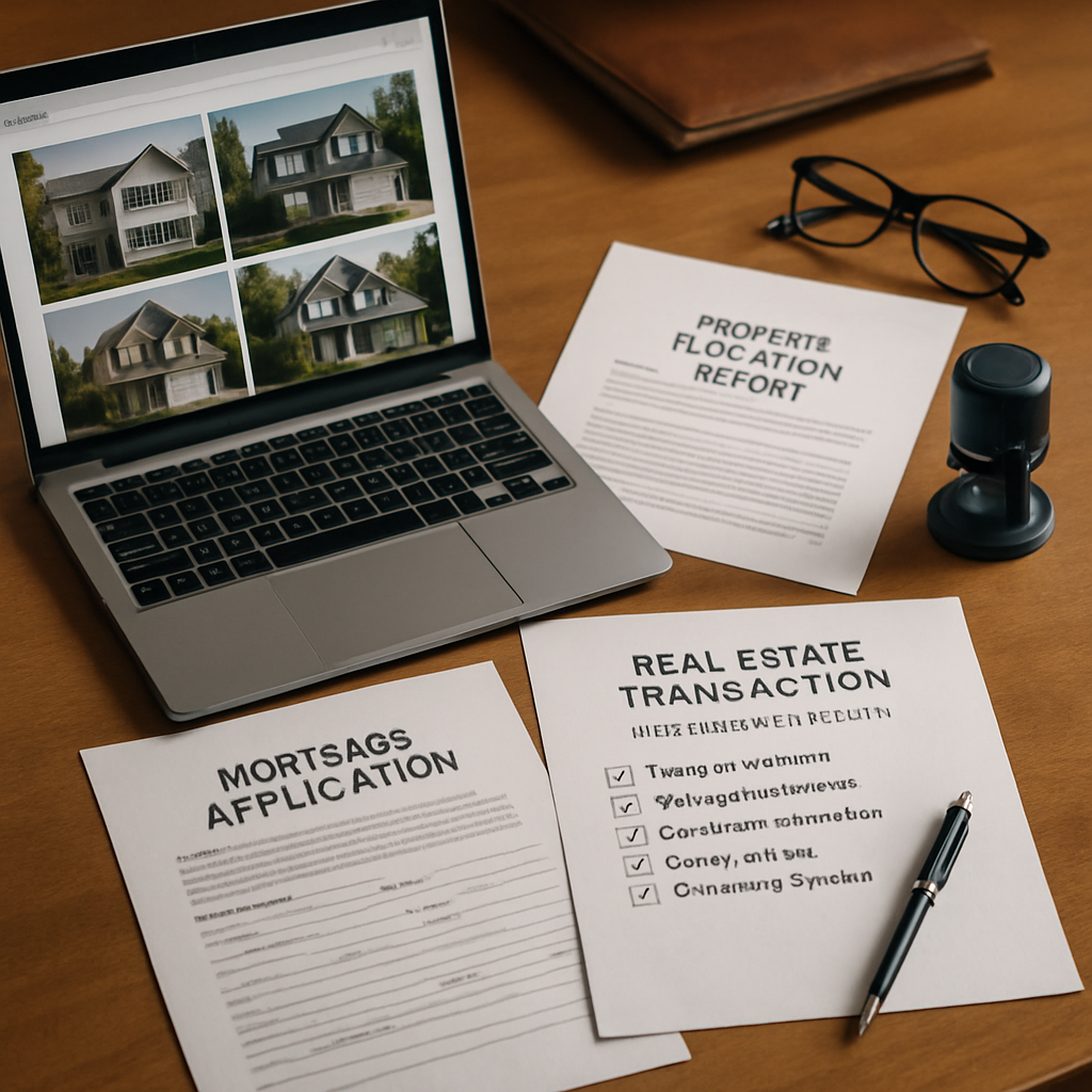 A desktop arrangement showcasing essential documents and tools for real estate exchange and mortgage