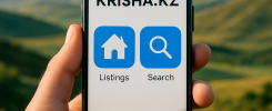 A person holding a smartphone showing the Krisha.kz real estate app in a picturesque