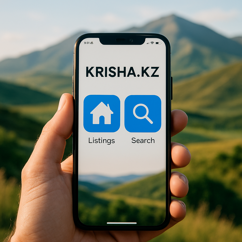 A person holding a smartphone showing the Krisha.kz real estate app in a picturesque